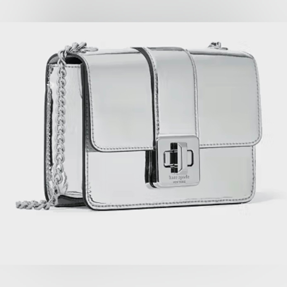 NWT 💥 KATE SPADE 💥 PHOEBE 🩶MINI FLAP CB 🩶 MIRROR METALLIC SILVER LEATHER